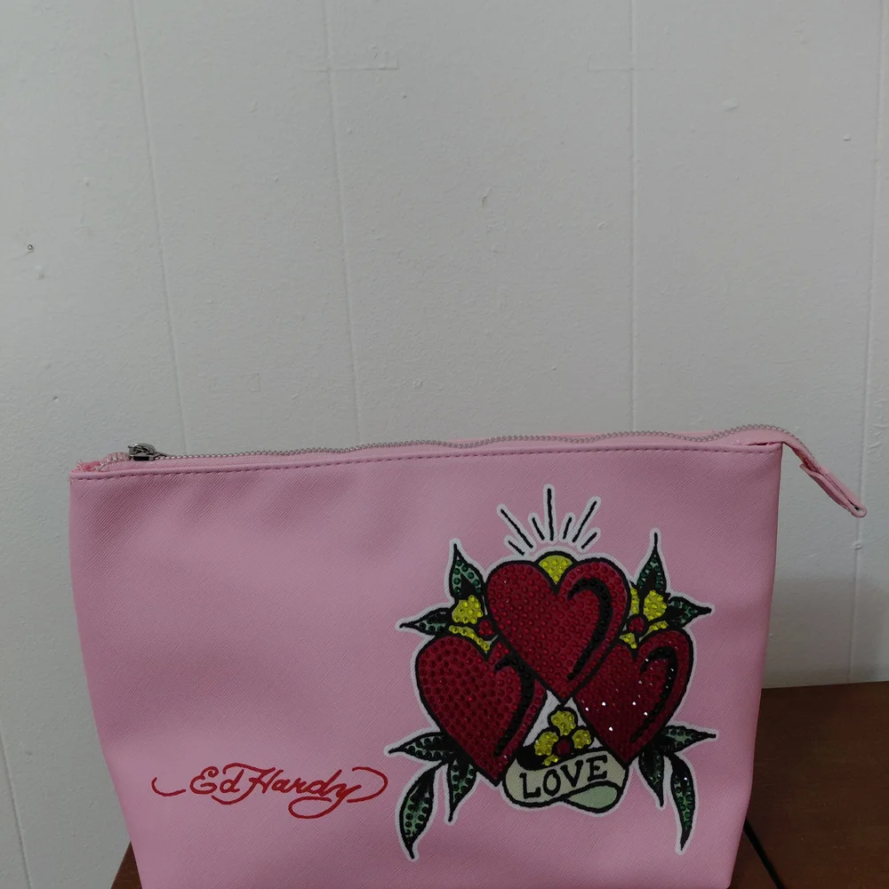 Ed Hardy Pink Heart Graphic Zip Cosmetic Pouch